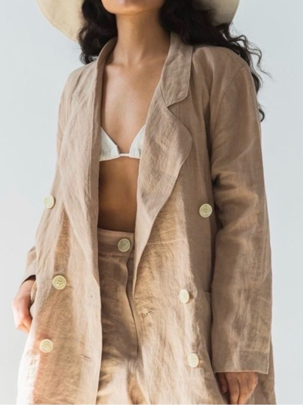 Bohème Goods Linen Double Breasted Blazer Dress Duster Tan Size 2 Medium EUC